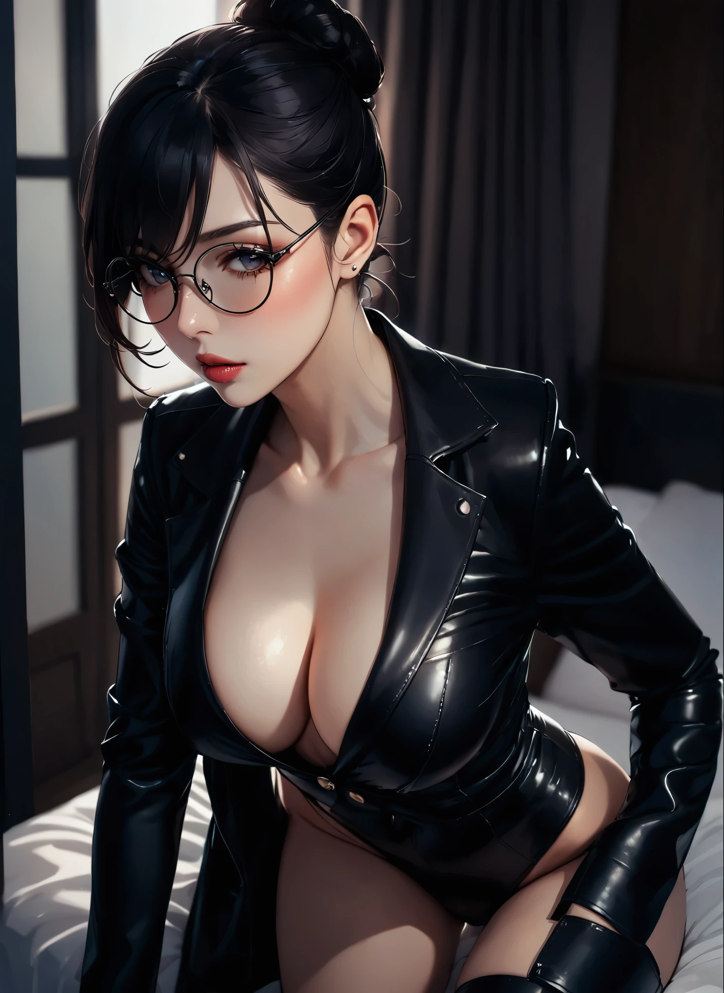 sexy woman, milf, Black hair in a bun, captivating eyes, deeper blush, lips parted for a kiss, lustful look, seductive, sexy black leather suit, with thin glasses, round breasts, perfect anatomy