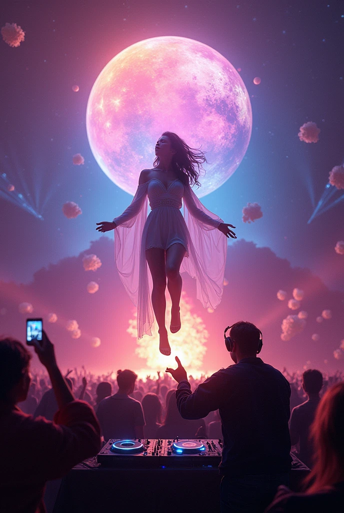 Woman fell from space to an electronic music concert and with the word sbagliato in the background, while a planet explodes and a bottle of whiskey is opened by a DJ in the middle of a concert