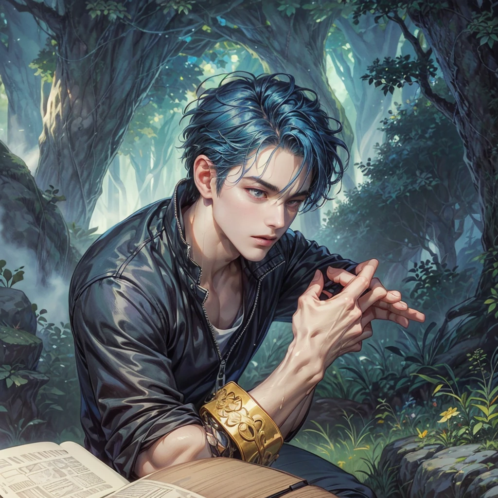 ((Best quality)), ((masterpiece)), (detailed), ((perfect face)), ((halfbody)) handsome face, male, teen boy, perfect proportions , a character from anime groove adventure Rave, blue hair, male version , hiro mashima art, detailed ghibli forest background, detailed ghibli scenery background