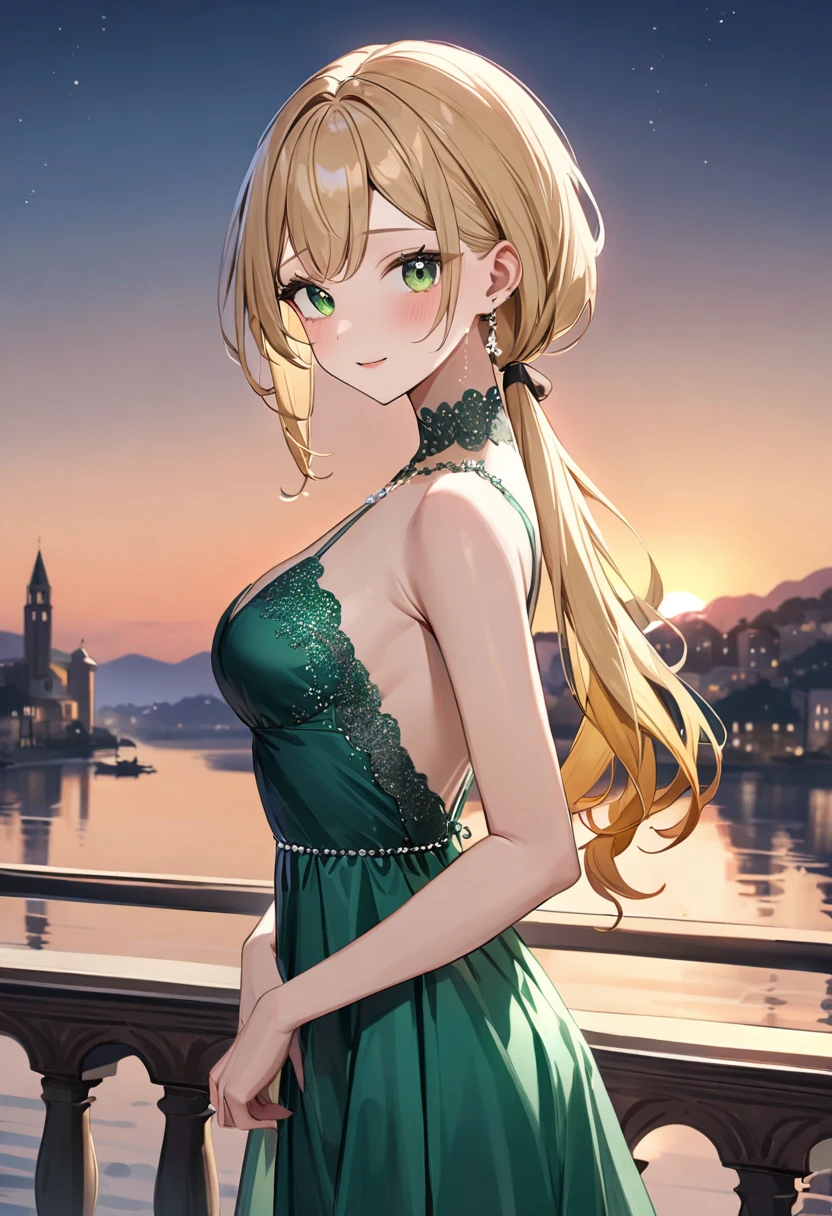 (masterpiece, top quality, very aesthetic, 4k、), (sumi-e)、intricate detail, 1woman,solo,contrapposto 、(gradient eyes、tareme)、Strong glowing eyes、asymmetrical bangs,Fair skin,(upper body)、beautiful women、Cleavage、happy、(red lipstick),beautiful face、(gradient hair)、(blonde hair)、low ponytail、sidelock ,,green eyes、Evening Dresses、medium breasts、slender 、