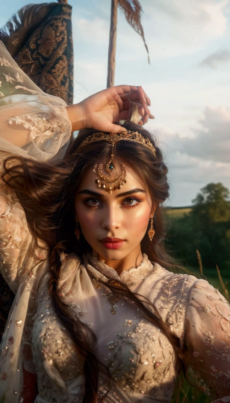 a woman standing in a field, beautiful detailed eyes, beautiful detailed lips, extremely detailed eyes and face, long eyelashes, flowing hair, intricate dress, soft lighting, atmospheric landscape, (best quality,4k,8k,highres,masterpiece:1.2),ultra-detailed,(realistic,photorealistic,photo-realistic:1.37),digital painting,dramatic lighting,vivid colors,detailed background