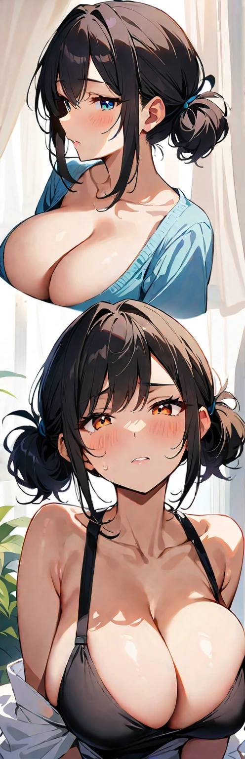 masterpiece, best quality, Ultra-high resolution, Beautiful and fine hair,Delicate face, Perfect female face, Double ponytail hairstyle, Black Hair, (:1.4), Breast sagging, Huge cleavage,Mai Shiranui'Costumes in the King of Fighters game, Hair accessories,(:1.8), Breast sagging, Huge cleavage, Squeeze the accessory breast outward,Chest compressions,Face flushed with shame,transparent,