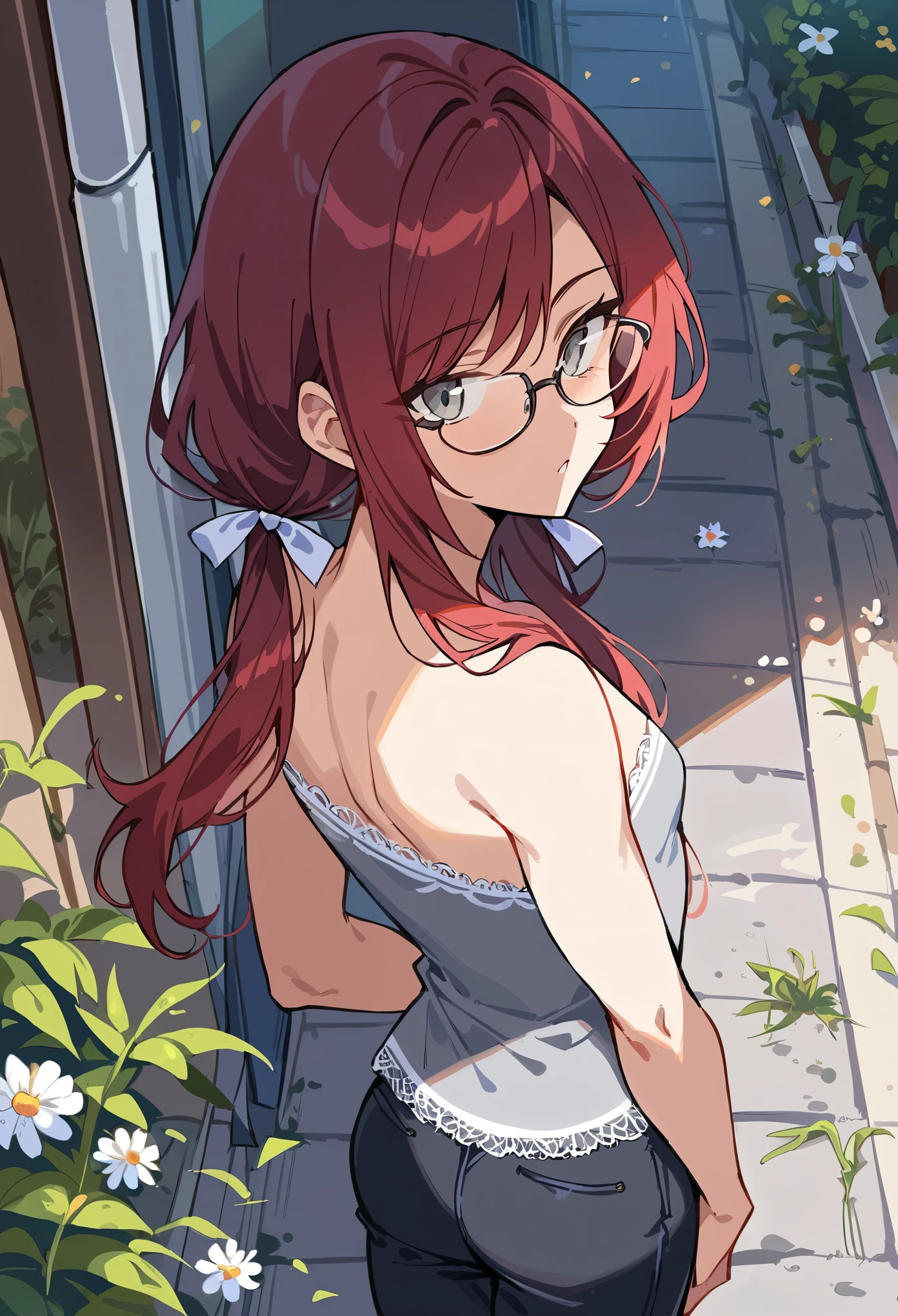 Masterpiece, highres, high Quality, detailed face, from above, over-the-shoulder shot, street, awning, shade, flowers, arm behind back, triceps, head tilt, Gray eyes, dark red hair, swept bangs, low twin tails, glasses, white ribbons, gray strapless shirt with white trim, black jeans, small breasts, toned arms, flowers, sidewalk, weeds,