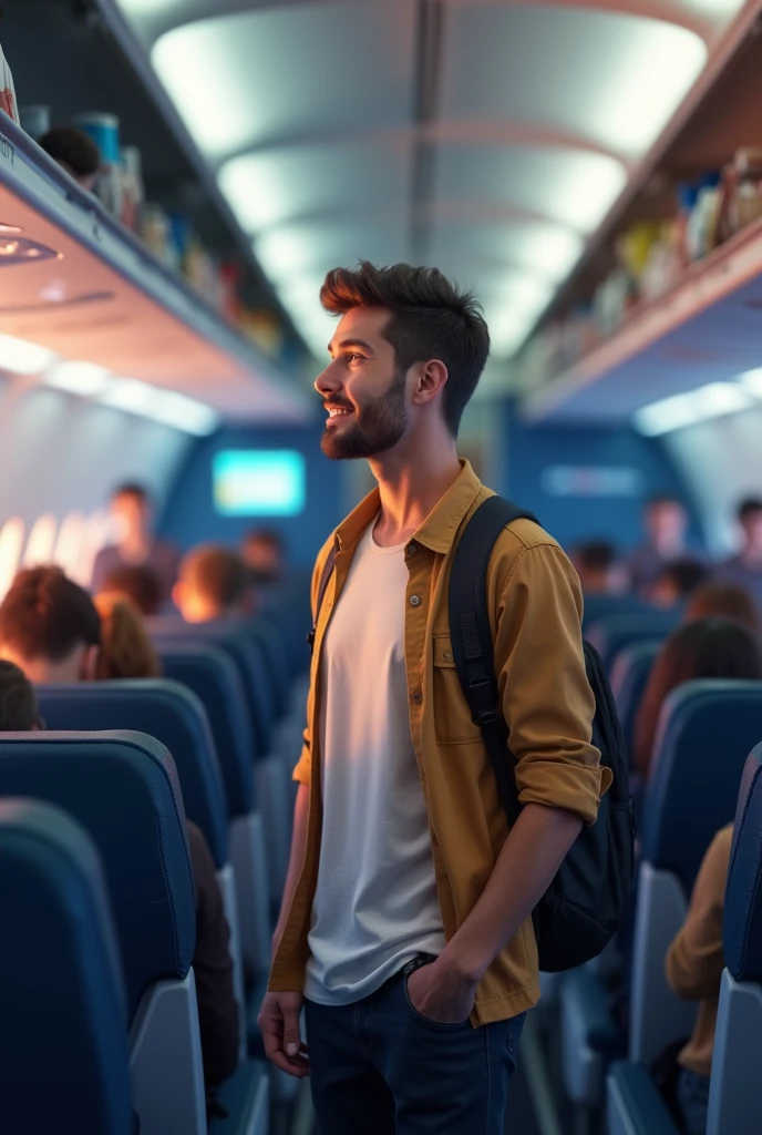 male tourist speaking inside a plane
