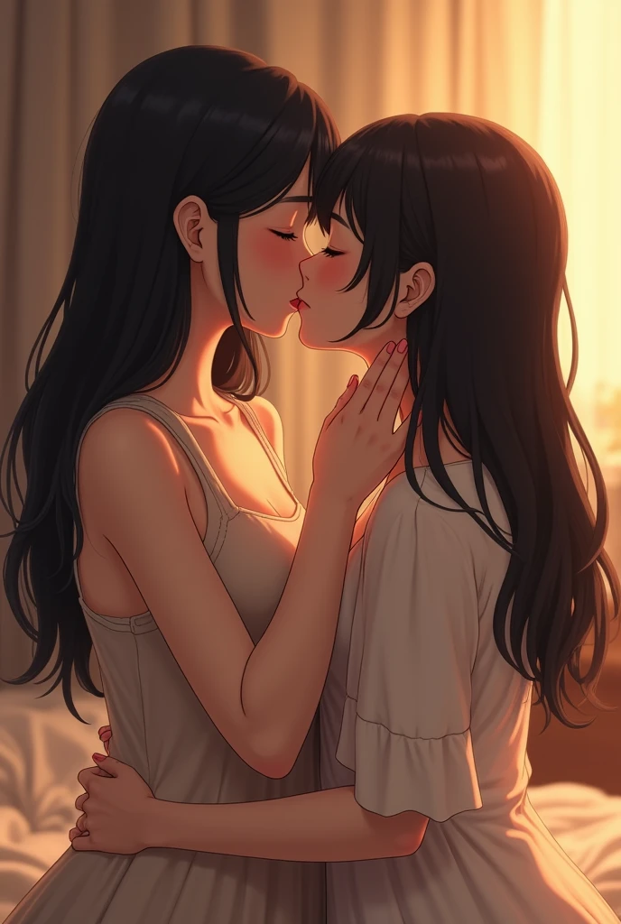 Me and my girlfriend (we're Asian lesbian) lips kiss in bed while hold each other hand
We're girly with long hair
