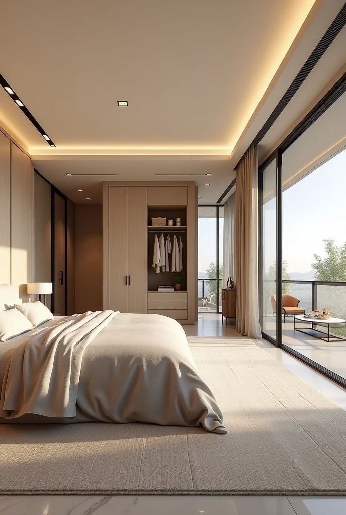 Photorealistic Modern and luxury bedroom interior design ideas in creame color theme.with bed near to bedroom door, door is located at left wall side of the bed. dressing room next to bedroom door , transparent glass cupboard ,balcony on the right side of the bed. Windows opposite to the bed , coffee table and two chairs near the window Generate exact same full room.
