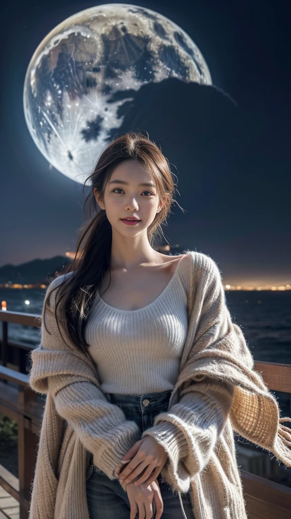 20 yr old girl, beautiful detailed eyes, full moon, sitting, dark background, moonlight, city, masterpiece, best quality, illustration,