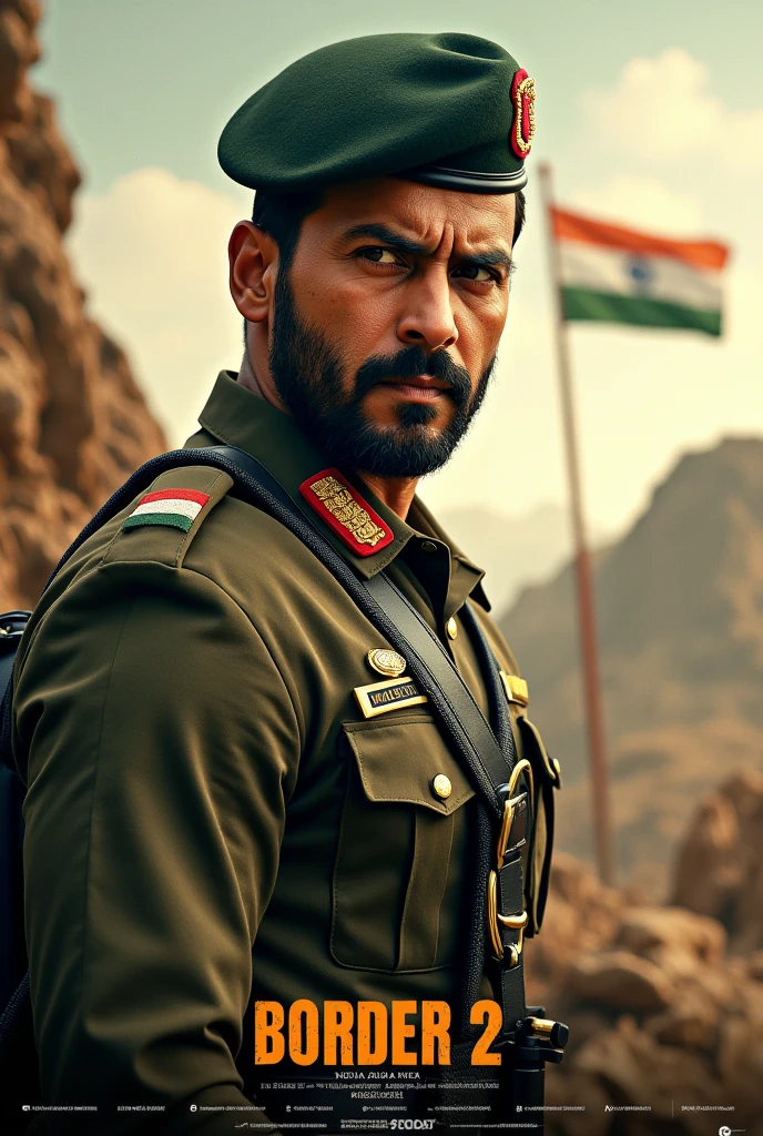 Actor Varun Dhawan as an Indian Army officer in a film like Border 2. Picture him in a sharp military uniform, with a confident and determined expression, standing against a backdrop of rugged terrain, perhaps with a flag in the background. His look would be intense, conveying the seriousness of the mission. The title "Border 2" could be prominently displayed in bold text, adding to the cinematic feel.