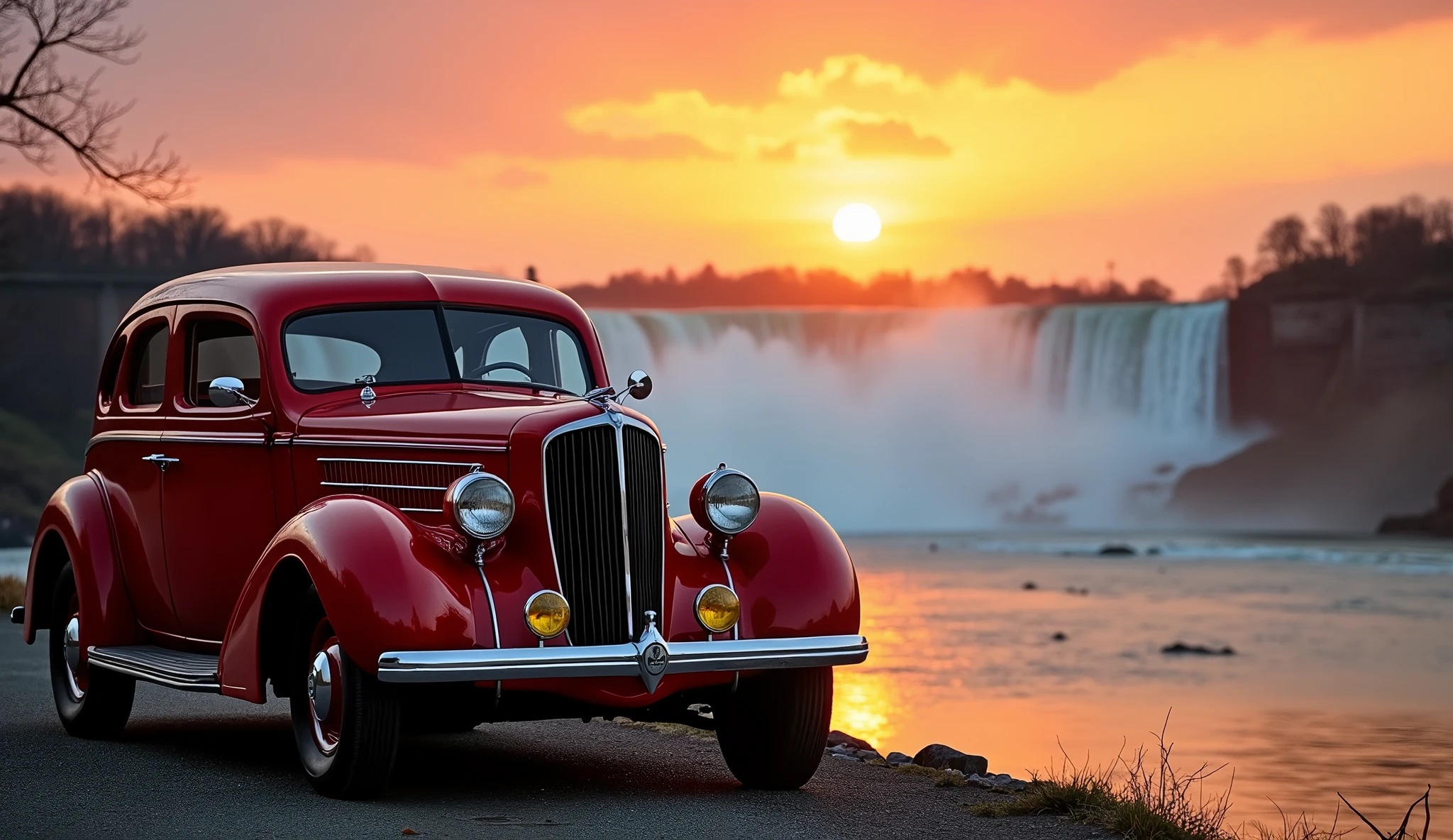 hudson terraplane 1937 Dark Red at the Niagara falls with a sunset