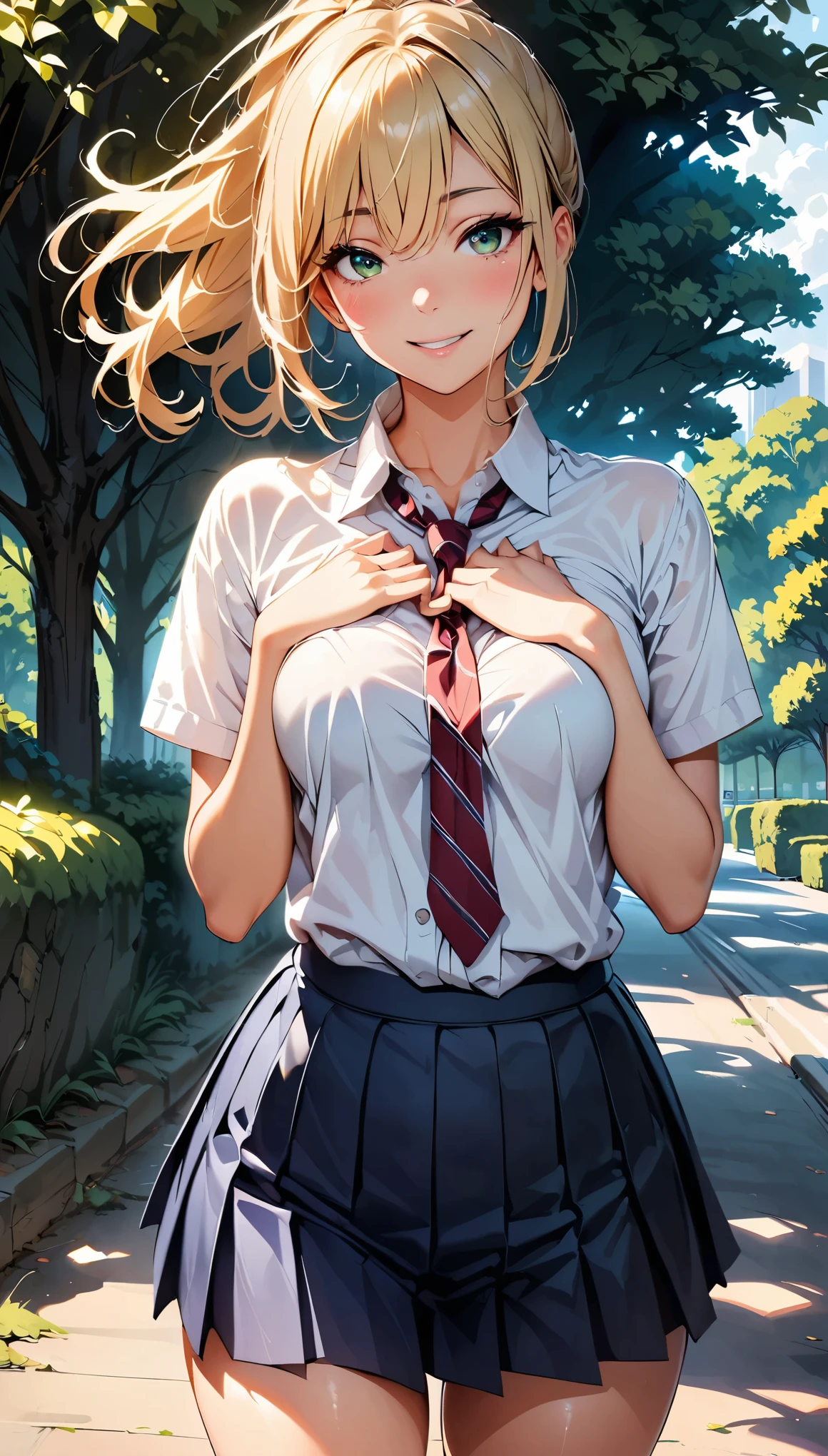 (masterpiece:1.2, top-quality), (photorealistic:1.2), beautiful illustration, (natural side lighting, movie lighting),
beautiful detailed hair, beautiful detailed face, beautiful detailed eyes, beautiful clavicle, beautiful body, beautiful chest, beautiful thigh, beautiful legs, beautiful fingers,
looking at viewer, 1 girl, high school girl, (perfect anatomy, anatomically correct, super detailed skin), cute and symmetrical face, perfect face, perfect eyes, face, shiny skin,
(middle hair, ponytail, blonde hair), hair between eyes, dark green eyes, big eyes, glowing eyes, long eye lasher, (medium breasts seductive thighs, big ass), narrow waist,
(detailed cloth texture, break white collared shirt, break blue pleated skirt, cobalt blue and red stripe tie), break
(beautiful scenery), morning, (park:1.2), (hands on chest), standing, (smile, blush, parted lips),