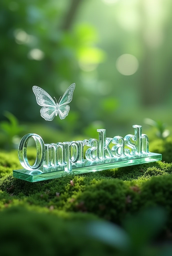 Create a 3D image where a glass stick is lying on the ground and the name OMPRAKASH is written on it in glass letters and a glass butterfly is flying over the name and the light is falling on the stick from the side, the background is green