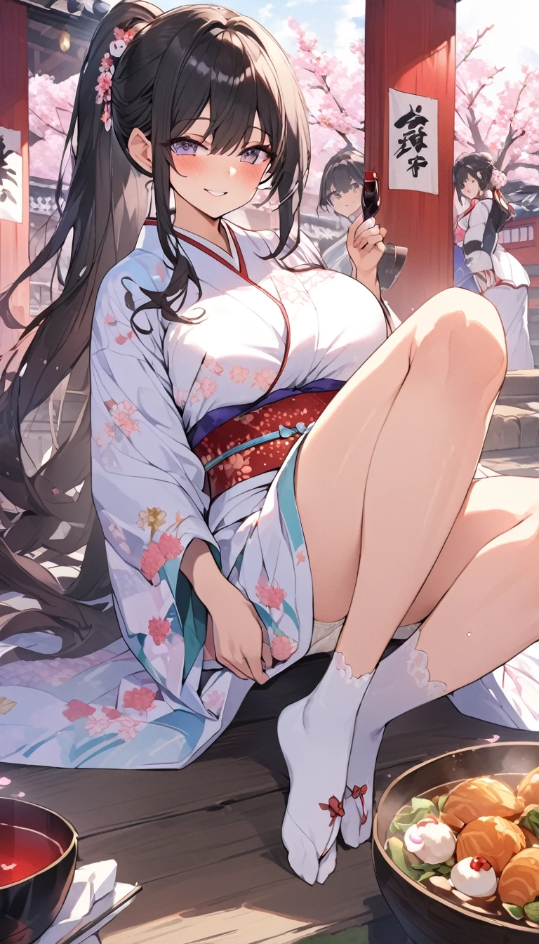 One Woman、beautiful girl、evening、kimono、Beautiful patterned kimono、ponytail、Waraji、School、Back of the school building、spring、cherry blossoms々、はためくcherry blossomsの花びら、Long Hair、Highest quality、Ultra HD、Black Hair、smile、8 heads、White tabi socks、Japanese Umbrella、smile、Cowboy Shot、festival、Many food stalls、Beautiful views、Big Breasts、kimonoがはだけて下着が見える、white lace bra、white lace panties、Lie on your back with your legs spread、Have a、Drunk、Wine Bottle、Spread your legs and seduce