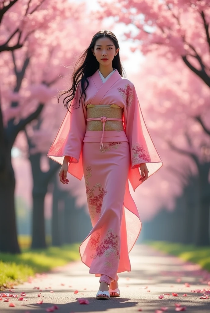 realistic photo of a girl with height 178 cm, weight 68 kg, weight 67 kg, chest volume - 84 cm, waist volume - 58 cm, hips - 94 cm, realistic skin, black hair, dressed in a woman's kimono of pink color, wearing Japanese slippers, walking in the park, in the background blooming cherry blossom cherry trees