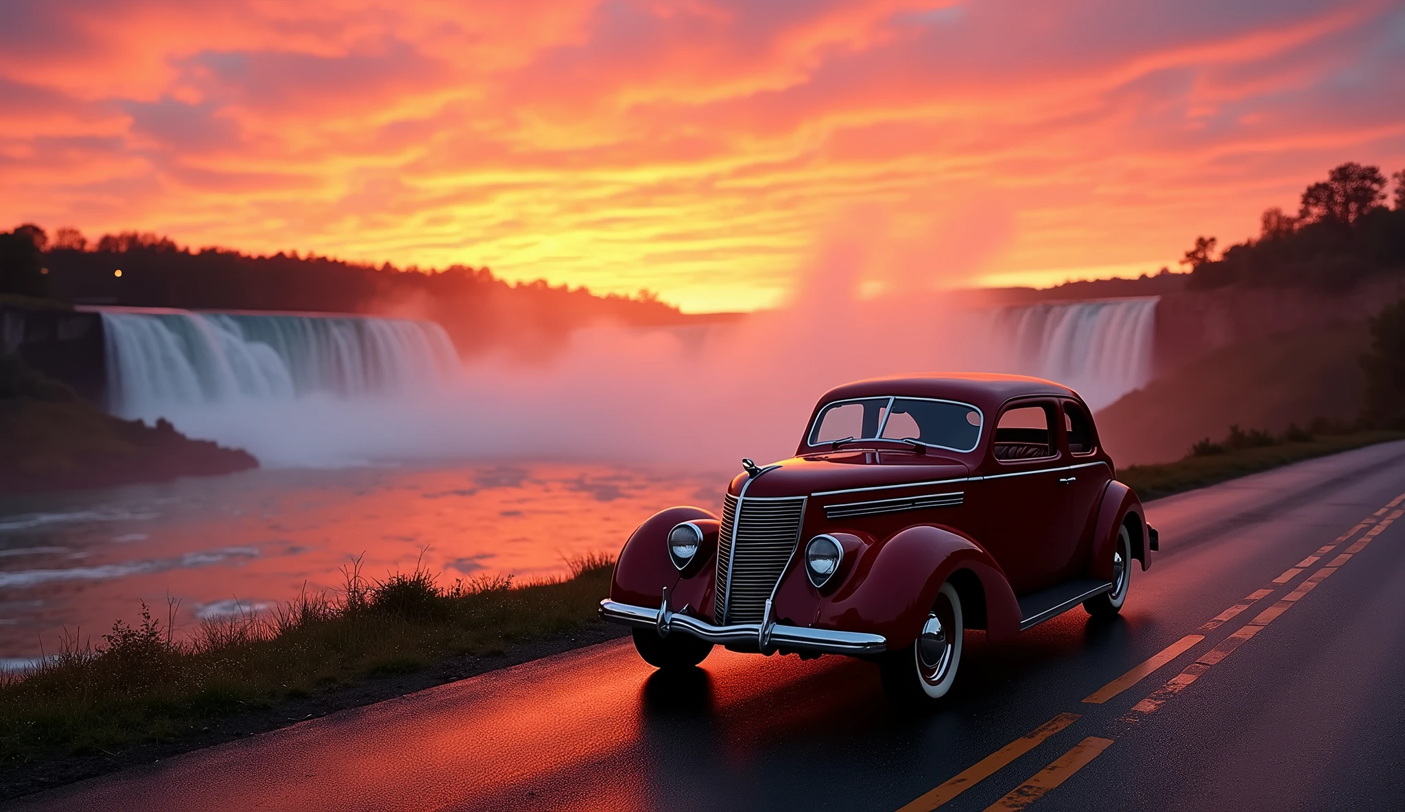 hudson terraplane 1937 Dark Red at the Niagara falls with a sunset 