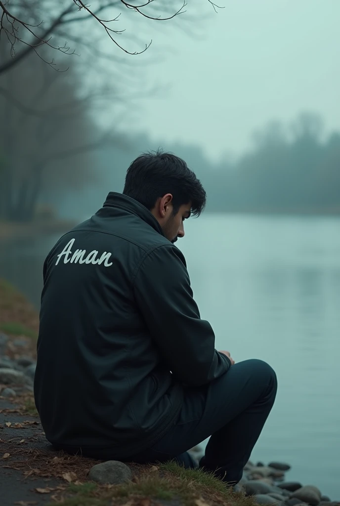 A somber scene with a Man sitting alone by the riverbank, his back turned to the viewer. The name 'Aman' is clearly written on the back of his jacket. The atmosphere is quiet and reflective, with the gentle flow of the river adding to the sense of sadness and solitude in this emotional 3D moment