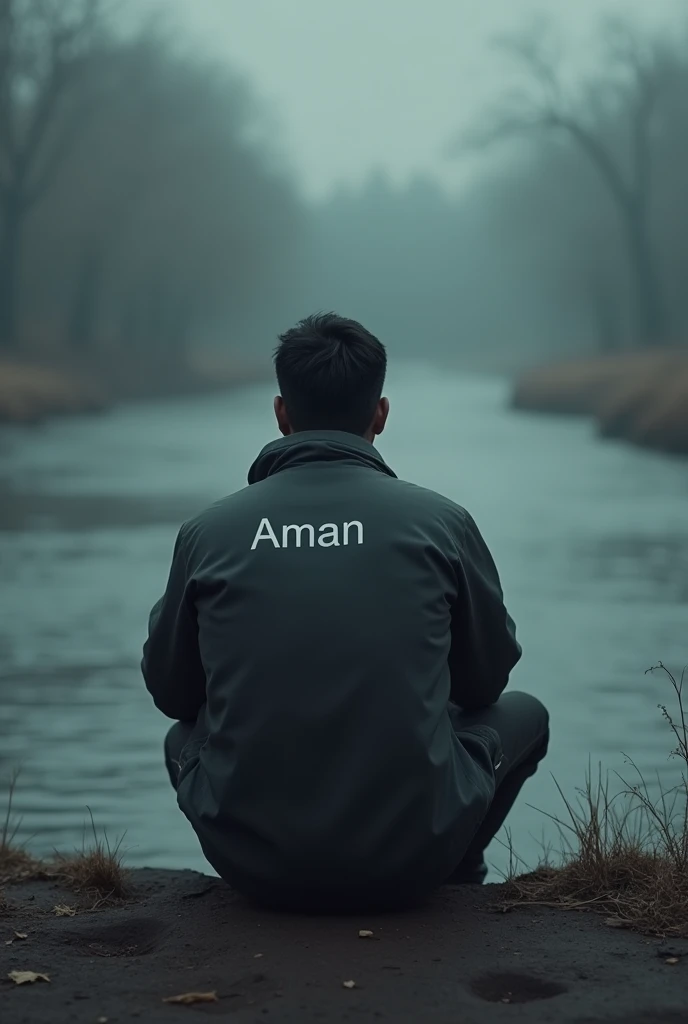 A somber scene with a Man sitting alone by the riverbank, his back turned to the viewer. The name 'Aman' is clearly written on the back of his jacket. The atmosphere is quiet and reflective, with the gentle flow of the river adding to the sense of sadness and solitude in this emotional 3D moment