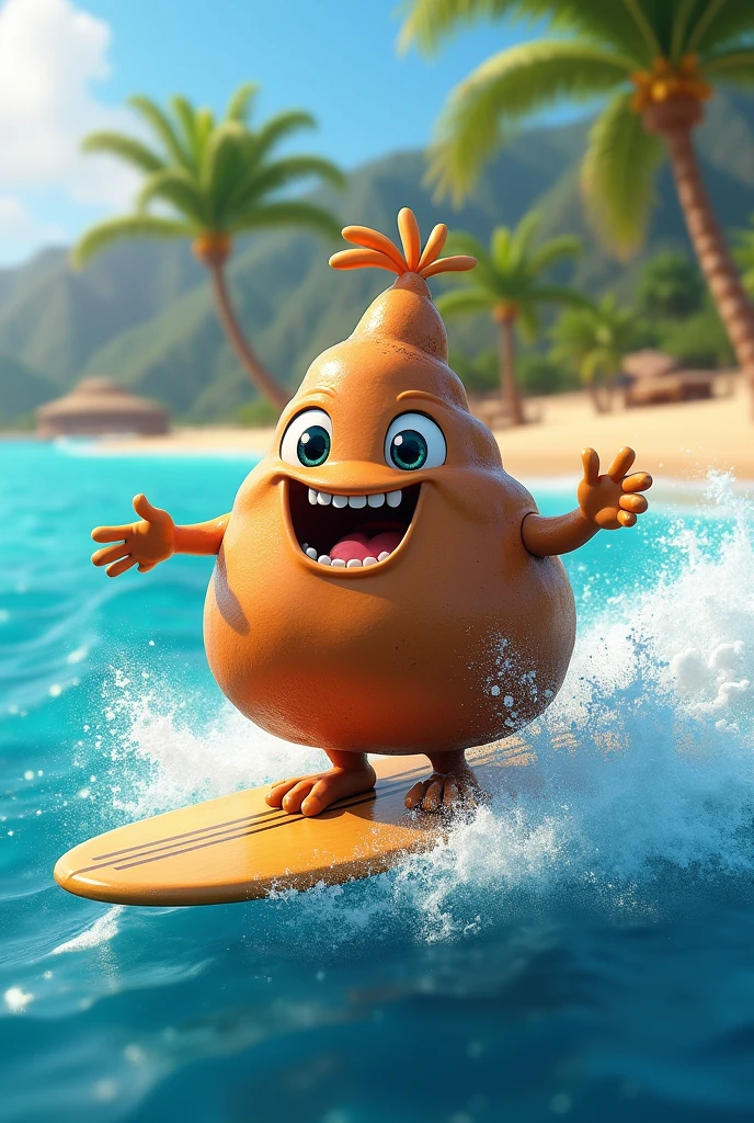 Un caca cool , souriant , qui surf a hawai