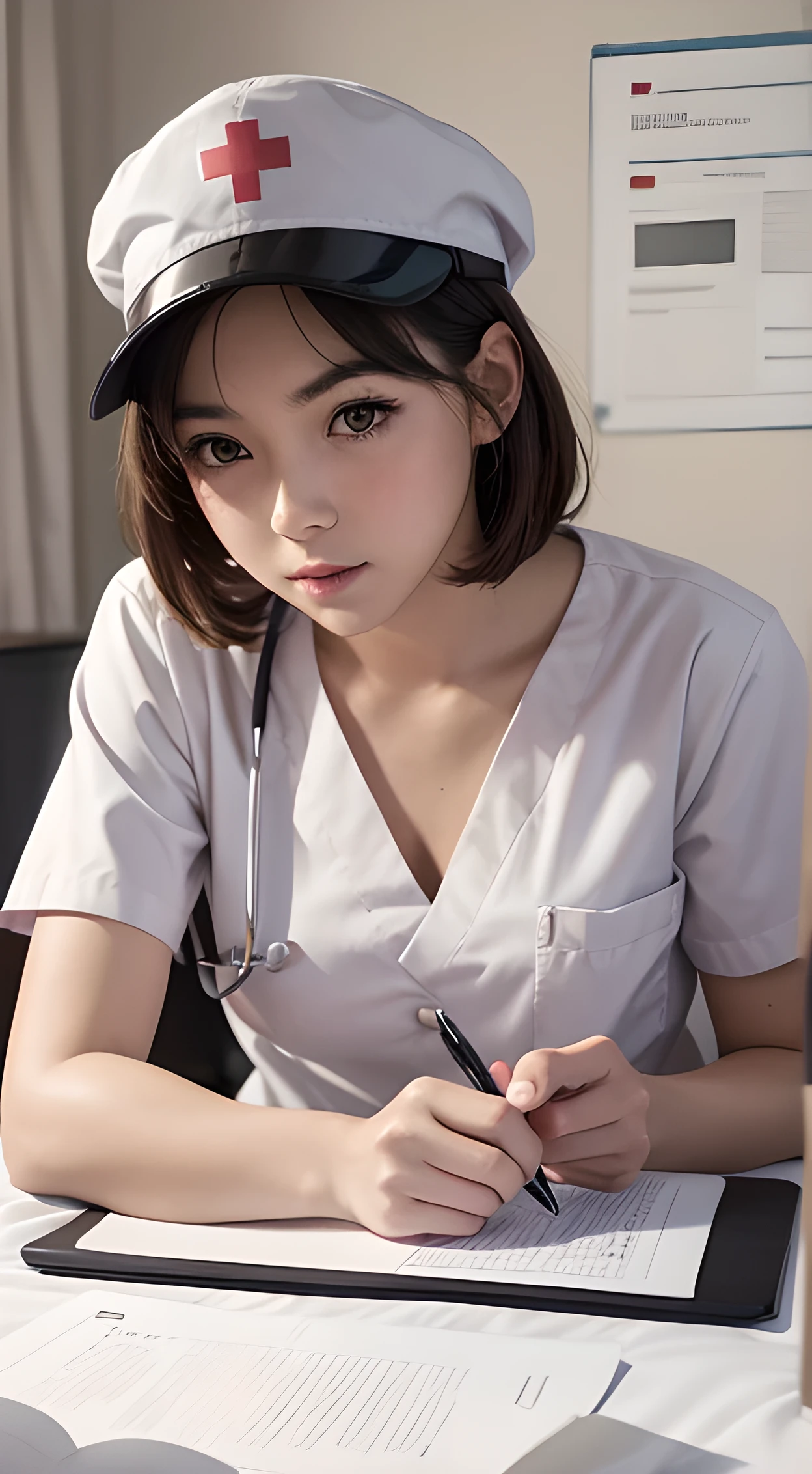 young female on a bed writing a note and a clipboard on the wall, 1girl, nurse, solo, nurse cap, hat, realistic