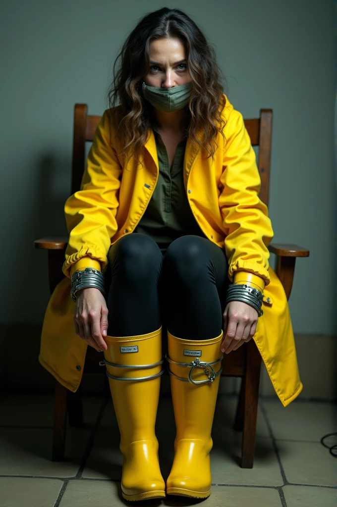 A woman wearing a yellow raincoat, black leggings and yellow rubber boots, sitting on a chair, bound hand and boots, and gagged.