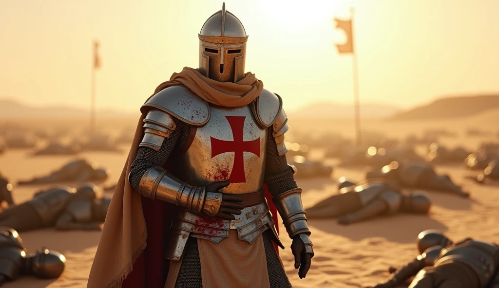 A highly realistic, high-contrast, 8K HD, detailed, hyper-detailed image of a fully armored Crusader knight bearing a red cross emblem on his chest, standing while clutching his abdomen in pain after being defeated in battle. His face is obscured by a helmet, ensuring that no facial features are visible. The knight’s armor is marked by the harshness of the battle, with dents and bloodstains visible across its surface. Surrounding him are the bodies of other fallen knights, their armor similarly marked by the brutal combat. The desert sun casts a stark, unforgiving light over the scene, with long shadows stretching across the sand. The atmosphere is somber and intense, capturing the suffering and despair of the knight in his final moments. The image is of the highest quality, with ultra-high resolution, RAW photo quality, and Unreal Engine rendering, vividly depicting the tragic and harrowing scene in the vast, desolate desert.
