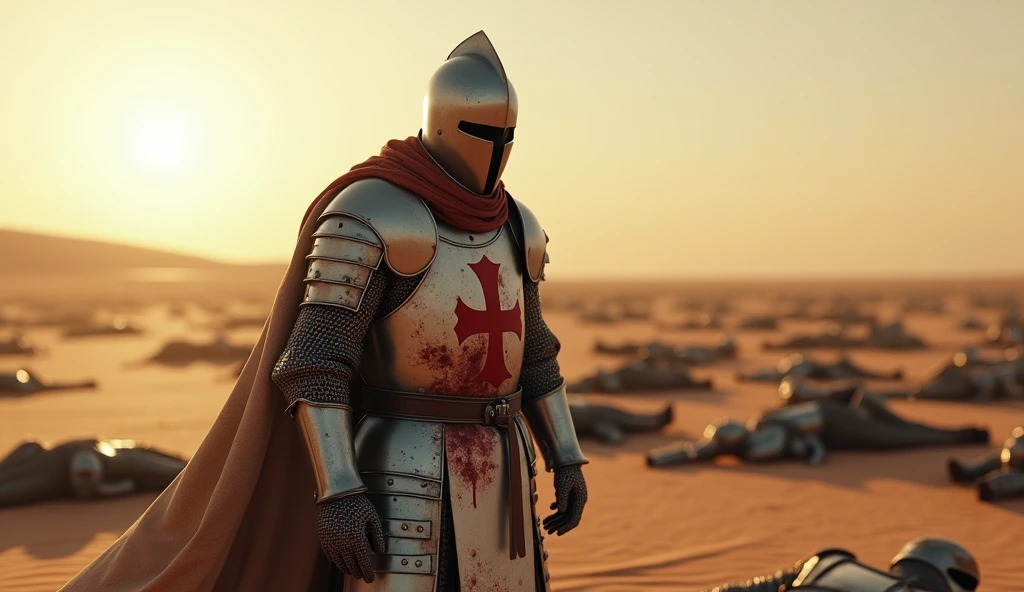 A highly realistic, high-contrast, 8K HD, detailed, hyper-detailed image of a fully armored Crusader knight bearing a red cross emblem on his chest, standing while clutching his abdomen in pain after being defeated in battle. His face is obscured by a helmet, ensuring that no facial features are visible. The knight’s armor is marked by the harshness of the battle, with dents and bloodstains visible across its surface. Surrounding him are the bodies of other fallen knights, their armor similarly marked by the brutal combat. The desert sun casts a stark, unforgiving light over the scene, with long shadows stretching across the sand. The atmosphere is somber and intense, capturing the suffering and despair of the knight in his final moments. The image is of the highest quality, with ultra-high resolution, RAW photo quality, and Unreal Engine rendering, vividly depicting the tragic and harrowing scene in the vast, desolate desert.