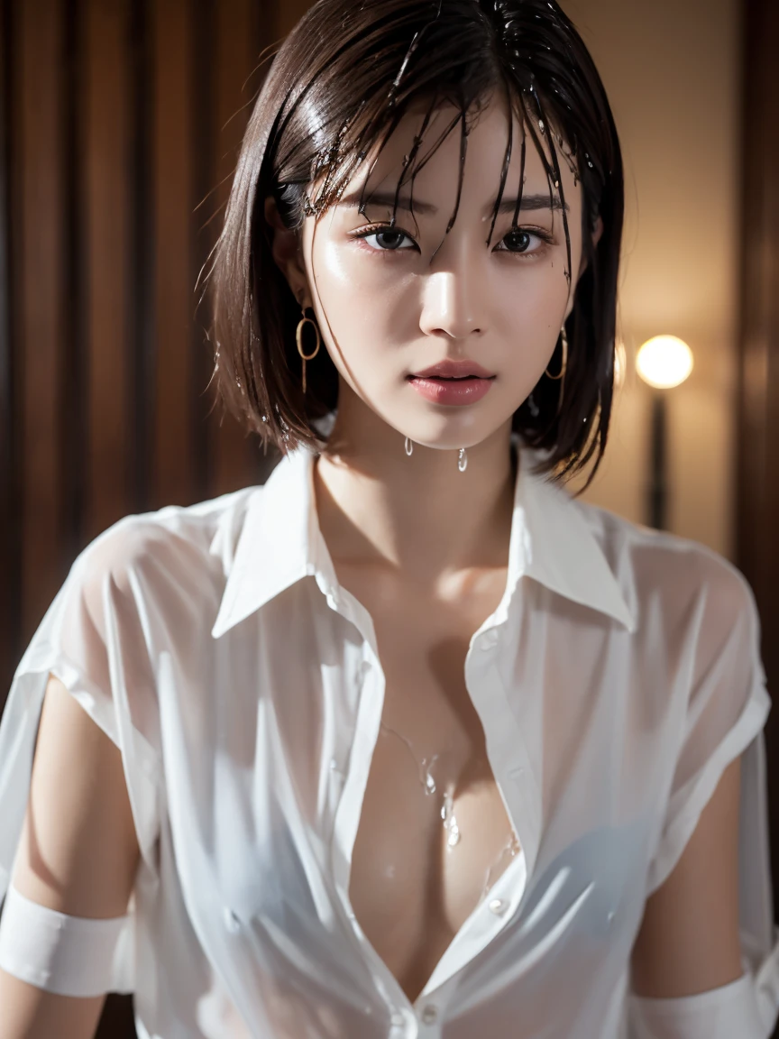 masterpiece:1.2, Very detailed, Ultra-high resolution, Realistic, photo Realistic:1.6, High-resolution RAW color photos, Professional photos, Sharp focus:1.2, Very detailed顔と肌の質感, Very beautiful eyes, Glossのある肌, Glowing Skin, Glowing Skin, Shining Face, Gloss, Oily skin, greasy face, Oily skin, greasy face,, real Glossのある肌 texture, Perfect Anatomy, Very detailed背景,(Luxury resort room at night)),1 female,2 woman, Japanese women,height: 168cm,short hair, Straight hair, bangs, Brown Hair,((Flat Chest:1.6)), (See-through white short-sleeved collared shirt),(A wet and very transparent shirt:1.6),(Open shirt:1.3),Luxury earrings、Luxury Necklace、A wet and very transparent shirt、A wet and very transparent shirt、Invite to sex