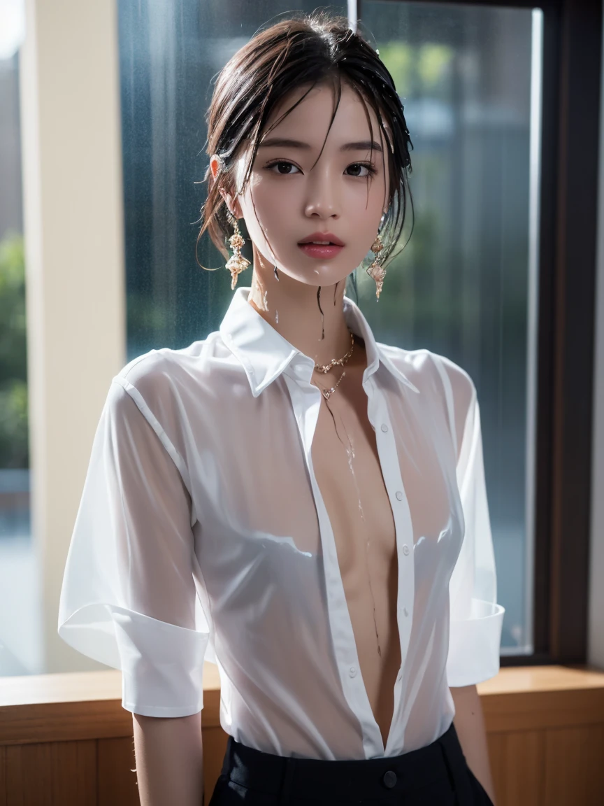 masterpiece:1.2, Very detailed, Ultra-high resolution, Realistic, photo Realistic:1.6, High-resolution RAW color photos, Professional photos, Sharp focus:1.2, Very detailed顔と肌の質感, Very beautiful eyes, Glossのある肌, Glowing Skin, Glowing Skin, Shining Face, Gloss, Oily skin, greasy face, Oily skin, greasy face,, real Glossのある肌 texture, Perfect Anatomy, Very detailed背景,(Luxury resort room at night)),1 female,2 woman, Japanese women,height: 168cm,short hair, Straight hair, bangs, Brown Hair,((Flat Chest:1.6)), (See-through white short-sleeved collared shirt),(A wet and very transparent shirt:1.6),(Open shirt:1.3),Luxury earrings、Luxury Necklace、A wet and very transparent shirt、A wet and very transparent shirt、Invite to sex