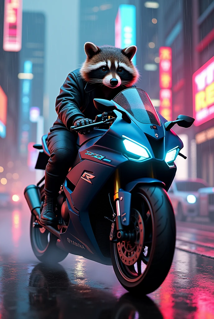 racoon driving yamaha 1r bladerunner