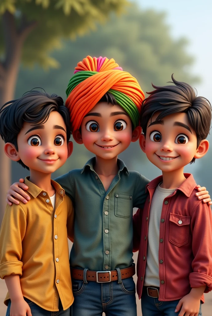 Three boys are standing beside of each other. One of them is punjabi and wearing turban