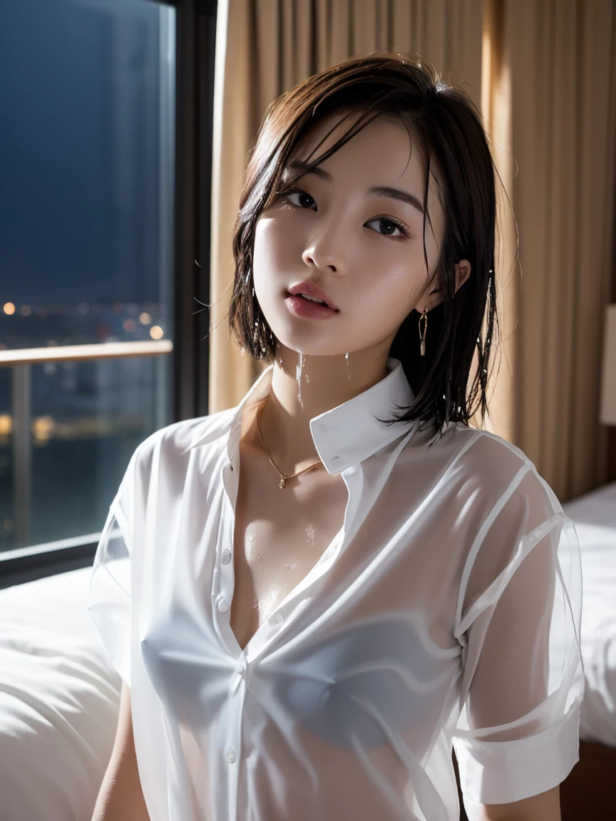 masterpiece:1.2, Very detailed, Ultra-high resolution, Realistic, photo Realistic:1.6, High-resolution RAW color photos, Professional photos, Sharp focus:1.2, Very detailed顔と肌の質感, Very beautiful eyes, Glossのある肌, Glowing Skin, Glowing Skin, Shining Face, Gloss, Oily skin, greasy face, Oily skin, greasy face,, real Glossのある肌 texture, Perfect Anatomy, Very detailed背景,(Luxury resort room at night)),1 female,2 woman, Japanese women,height: 168cm,short hair, Straight hair, bangs, Brown Hair,((Flat Chest:1.6)), (See-through white short-sleeved collared shirt),(A wet and very transparent shirt:1.6),(Open shirt:1.2),Luxury earrings、Luxury Necklace、A wet and very transparent shirt、A wet and very transparent shirt、Invite to sex