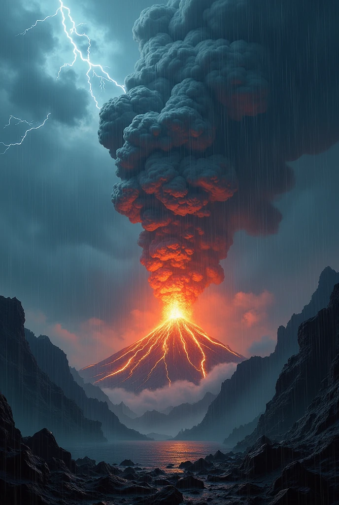 Thunder above the fired volcano in rain 