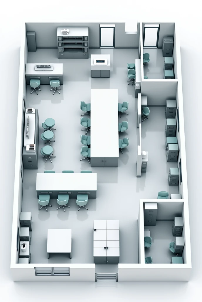 3D floor plan of a compounding pharmacy, image only, with reception, corridor, administration, Toilets, area of attire, warehouse, solids handling room, semi-solid handling room, sala de armazenamento de residuos com uma saída para paramentação sem passar pelos corridores das salas de semi sólidos e solidos, conference room 1 and 2 , Refectory.