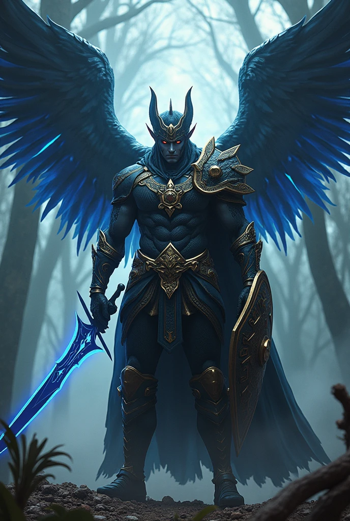 (photorealism:1.2),Nagantak is a towering, muscular warrior with sharp features and piercing eyes that reflect his unyielding determination. He wears dark, intricately designed armor with golden accents, symbolizing his royal heritage from the Garuda Empire. Majestic, glowing wings spread wide from his back, radiating an ethereal light that showcases his divine power. He wields an enchanted sword, Gladius, which gleams with a blue aura, and carries a shield engraved with ancient symbols. Standing in a dark, cursed forest, Nagantak’s powerful presence and open wings mark him as a legendary hero destined to overcome any challenge.