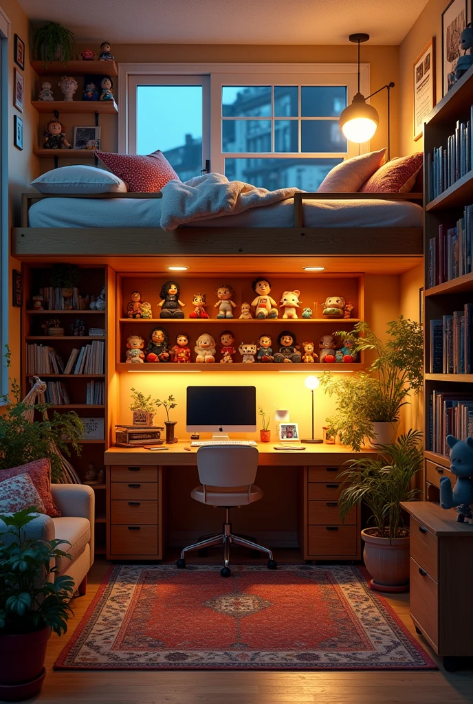 Hipster bedroom with lots of decor and figure collection of smiski and ambient lighting add more decorations and smiski collections and add a bookshelf filled with good books and a white hammock in the corner add a loft bed (a double decker but with only one bed and it's at the top and the bottom is empty and has a desk) ADD MORE DECORATIONS BE CRAZY make it a bit more cozy and night time and make the room slightly spacious add LED lights not too bright but not too dim and make it nighttime outside MAKE IT NIGHTTIME MAKE IT DARK OUTSIDE