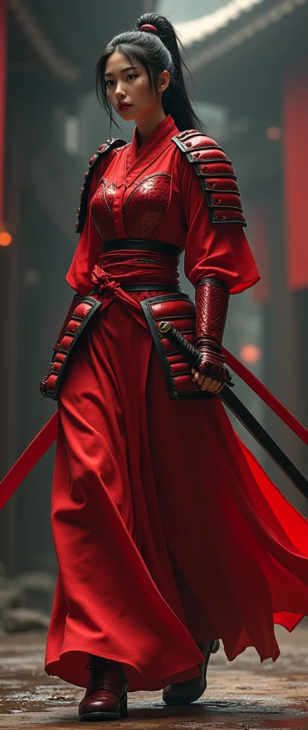 a chic ensemble stylish asian woman in red samurai armours saunting with swagger strife with katana slicing (best quality,4k,8k,highres,masterpiece:1.2),ultra-detailed,(realistic,photorealistic,photo-realistic:1.37),HDR,UHD,studio lighting,ultra-fine painting,sharp focus,physically-based rendering,extreme detail description,professional,vivid colors,bokeh,portrait,high fashion,elegant,glamorous,cinematic,dramatic lighting,moody,mysterious,sensual,sophisticated