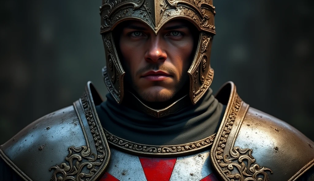 A close-up portrait of a Templar knight wearing a helmet, his face partially visible through the visor. The armor is detailed with engravings, and the red cross on his chestplate stands out. The background is dark and moody, with a soft light illuminating the knight’s face, highlighting his determined expression
