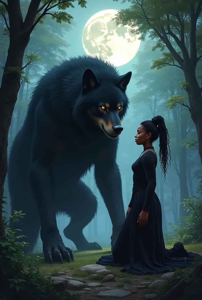 A realistic picture of a massive werewolf with black fur and amber eyes, crouching down to a black woman. They are in a forest with the moon standing above them, casting a light onto them.
