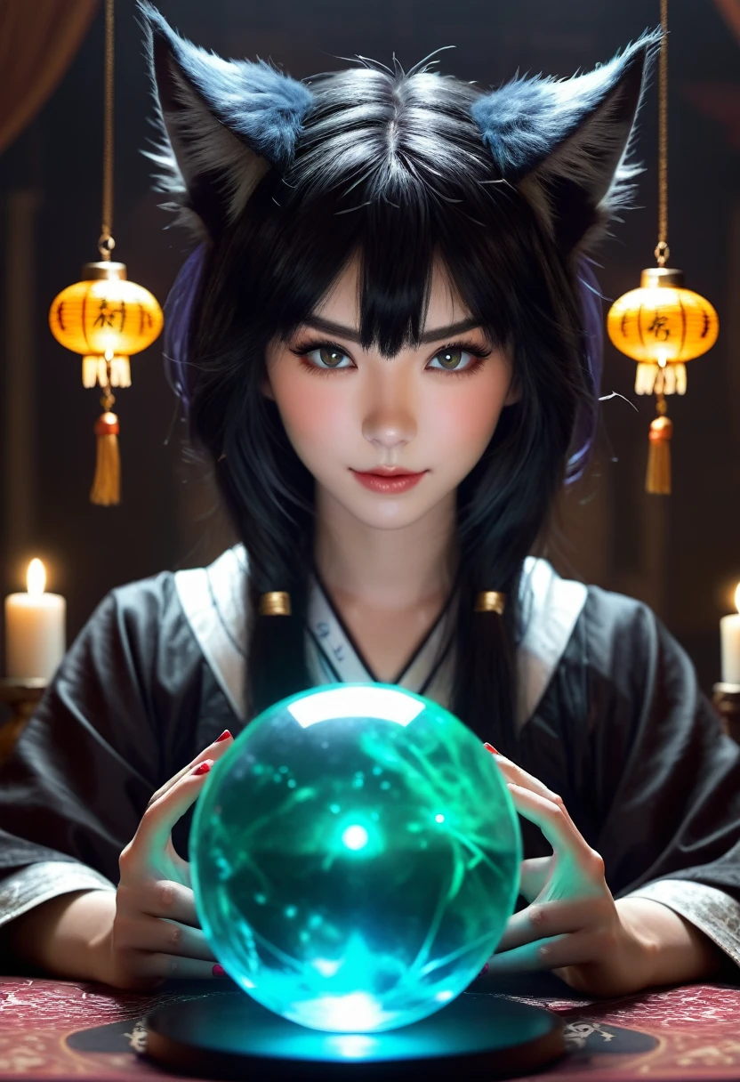 Monster Girl, Cat ear,20th Generation, fortune teller,Realistic Women, Black Hair,cute,spiritual,Front face