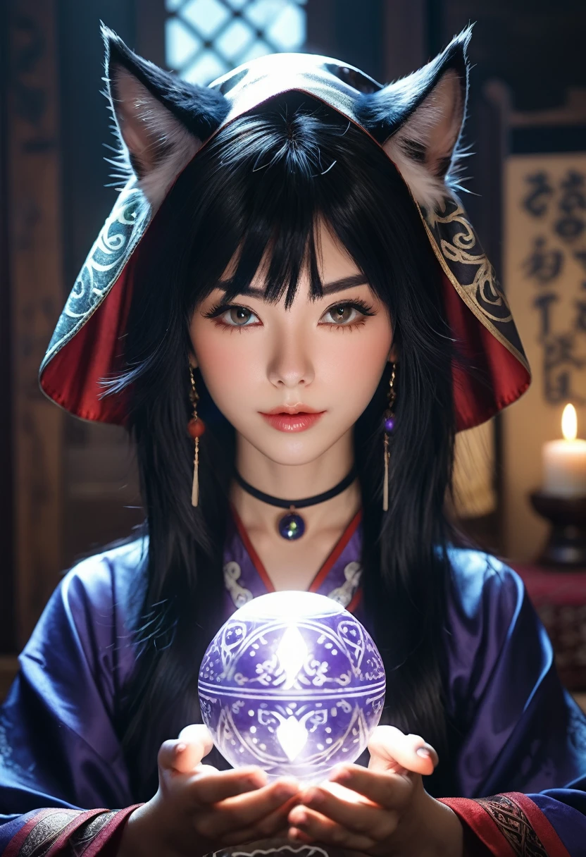 Monster Girl, Cat ear,20th Generation, fortune teller,Realistic Women, Black Hair,cute,spiritual,Front face