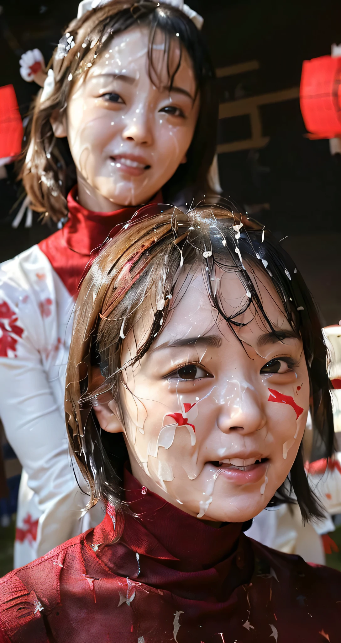 (Tabletop、Highest quality、8k、Award-winning works、Ultra-high resolution)、(Group photo of two women 1.4)、(The perfect red turtleneck:1.65)、(Smeared red turtleneck sweater:1.1)、Both((Very huge  bigger than a face:1.65))、Accentuate your body lines、very long wavy hair、Bright and shiny lipstick、(The biggest smile looks at me:1.1)、(Please smile widely and show your beautiful teeth.:1.1)、(Two women standing side by side:1.4)、Glowing Skin、(Face close-up:1.5)、(Background of the Japanese sexual festival:1.95)、Accurate anatomy、Ultra HD Hair、Ultra-high definition beauty face、Shining, Ultra-high resolution beautiful skin、Ultra-high resolutionの艶やかな唇、(Face covered in lots of:1.75)、(Two women facing the front:1.3)、(The body faces straight ahead:1.1)