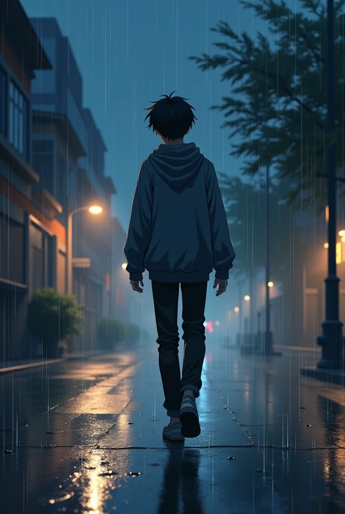 I want a anime boy wearing hoodie in rain it should be night there should be reflection of water his back should be visible he is walking