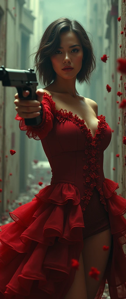 a chic ensemble stylish woman in a baroque mess dress saunting with swagger strife with gun shooting, gun muzzle, blooded walls, bloody (best quality,4k,8k,highres,masterpiece:1.2),ultra-detailed,(realistic,photorealistic,photo-realistic:1.37),HDR,UHD,studio lighting,ultra-fine painting,sharp focus,physically-based rendering,extreme detail description,professional,vivid colors,bokeh,portrait,high fashion,elegant,glamorous,cinematic,dramatic lighting,moody,mysterious,sensual,sophisticated