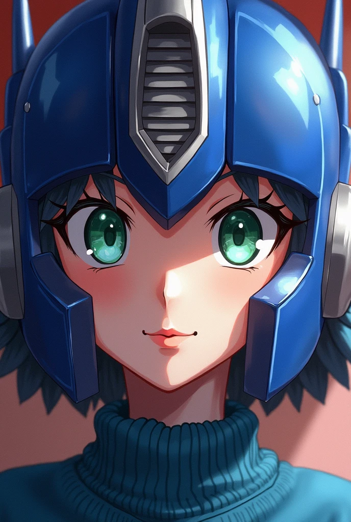 Optimus Prime, Momoe Sawaki, 1girl, short hair, green eyes, blue sweater, detailed face, beautiful detailed eyes, beautiful detailed lips, extremely detailed eyes and face, longeyelashes, (best quality,4k,8k,highres,masterpiece:1.2),ultra-detailed,(realistic,photorealistic,photo-realistic:1.37),studio lighting,ultra-fine painting,sharp focus,vivid colors,character art,digital painting,concept art
