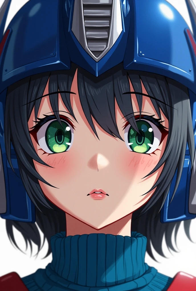 Optimus Prime, Momoe Sawaki, 1girl, short hair, green eyes, blue sweater, detailed face, beautiful detailed eyes, beautiful detailed lips, extremely detailed eyes and face, longeyelashes, (best quality,4k,8k,highres,masterpiece:1.2),ultra-detailed,(realistic,photorealistic,photo-realistic:1.37),studio lighting,ultra-fine painting,sharp focus,vivid colors,character art,digital painting,concept art