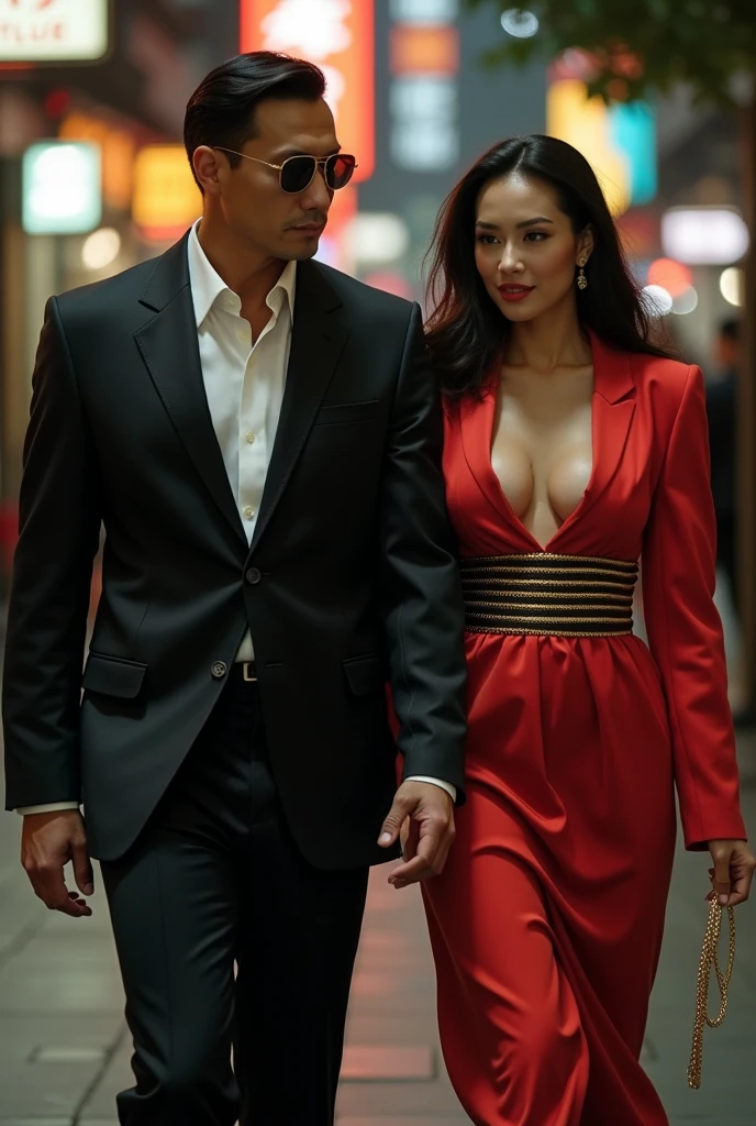 (1980s era:1.2), Triad gang leader, His mistress, Walking together, Gang meeting, Muscular leader, Well-dressed couple, (Tailored Italian suit for him:1.4), (Luxury designer clothing for her:1.5), (Hong Kong underworld:1.3), (Dangerous allure:1.2), (Commanding presence:1.1), (Enticing dynamic:1.2), (Charismatic duo:1.3), (Alluring chemistry:1.4), Confident, (Radiating authority:1.2), (Seductive smile on her:1.3), Dominating, Intriguing, Menacing, (Sultry appearance:1.4), Controlling, (Alluring silhouettes:1.2), (Dominant postures:1.3), (Attractive figures:1.4), (80s charm:1.1), (Dangerous fashion:1.2), Elegance, Strength, (High-fashion statement:1.1), (Model poses:1.2), Chic, Sophistication, (Fashion icons:1.1), (Timeless style:1.2), (Elegant attire:1.3), Iconic, Power, Vogue, Nostalgic, (Retro style:1.4), (Classic elegance:1.1), (Fashion-forward:1.2), Trendsetters, (Effortless style:1.4), (Timeless allure:1.1), (Chic elegance:1.2), Glamorous, Luxury