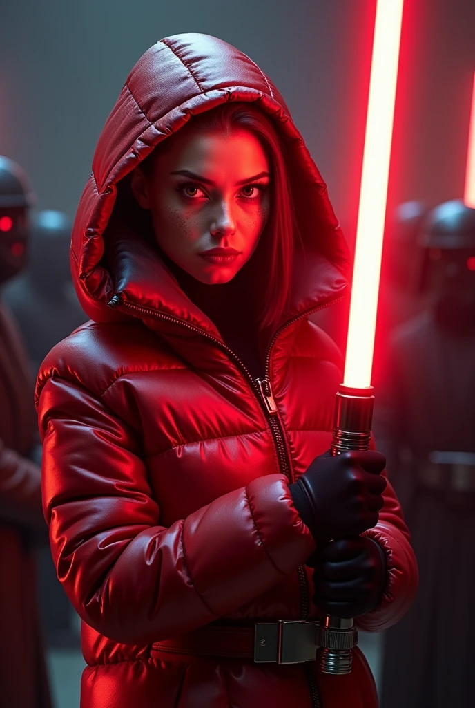 a slim ponytail angry sith wielding her bright lightsaber, she is standing in room full of jedi,beautiful detailed bright red-colored eyes,beautiful freckles,beautiful detailed lips,extremely detailed eyes and face,longeyelashes, wearing beautiful detailed skintight airtight covering-head hooded armored formfitting duvetica overfilled overinflated shiny hyper gleamy thick hyper glossy puffervest covering over her padded high-collared pufferjacket, glossy latex leggings,symmetrical,masterpiece,cinematic,lifelike,hyperrealistic,8k,photorealistic,highly detailed,intricate,exquisite,elegant,beautiful,stunning