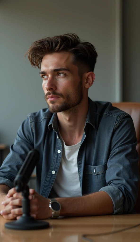 A 20-something man is sitting on a chair, and there's a table in front of him - and there's a mic on the table, and he has a beard.