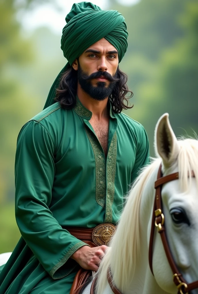 A very handsome young man is riding a white horse ,black long hair , blue eyes , triangle , healthy body, healthy face , big eyes with black beard white face green turban on head in a beautiful green color dress with green shirt close shirt seeing in ground