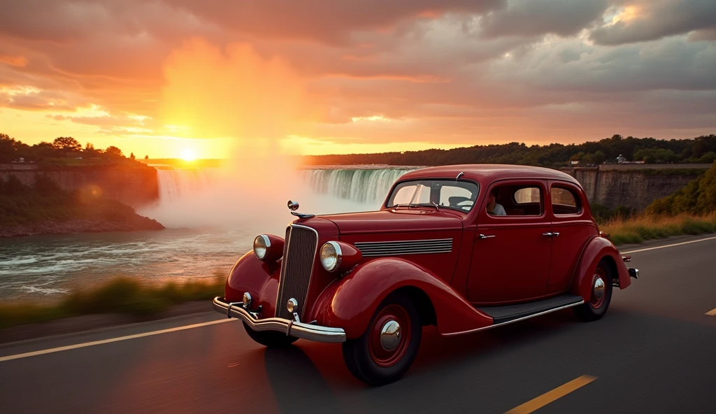 hudson terraplane 1937 Dark Red at the Niagara falls with a sunset, a beautiful blonde woman driving, 