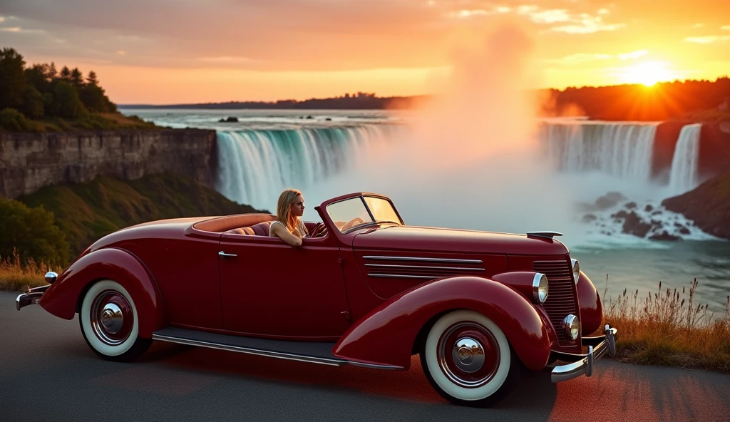 hudson terraplane 1937 Dark Red at the Niagara falls with a sunset, a beautiful blonde woman driving,